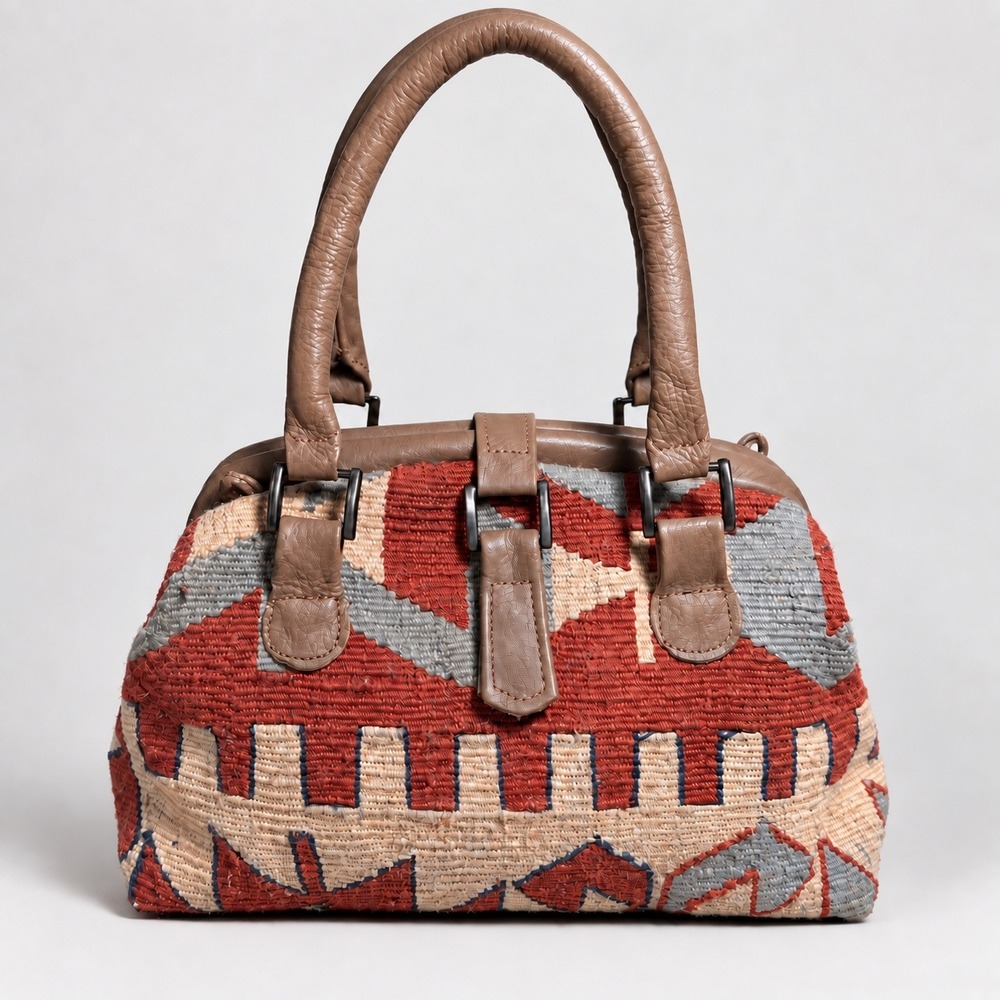 Vintage Kilim Rug Leather Doctor Bag Satchel Boho Southwestern Tapestry Purse